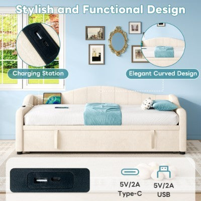 Drei Fuß langes Einzelbett aus Samt mit USB- und Typ-C-Anschlüssen