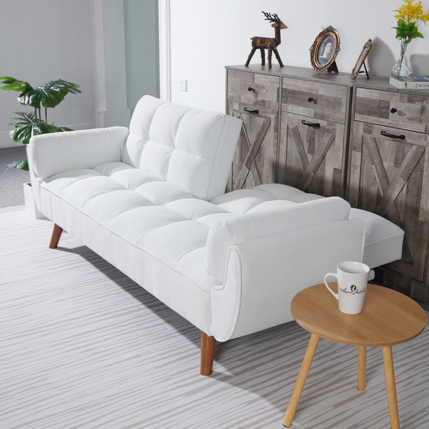 Luxe Corduroy Convertible Sofa Bed – Pure White Elegance