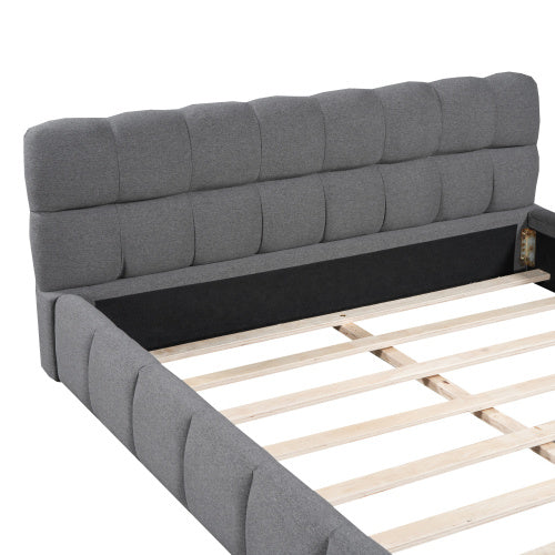 A double bed with a backrest made of soft linen
