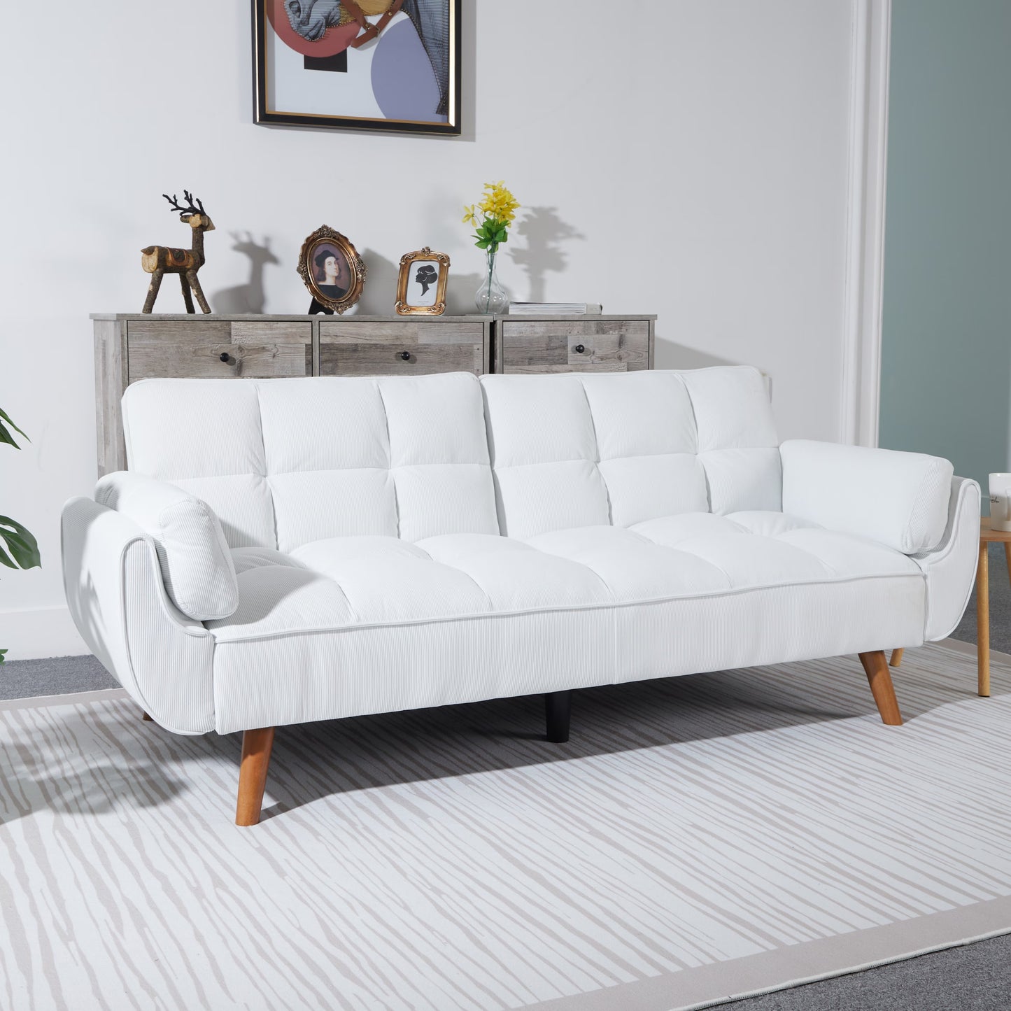 Luxe Corduroy Convertible Sofa Bed – Pure White Elegance