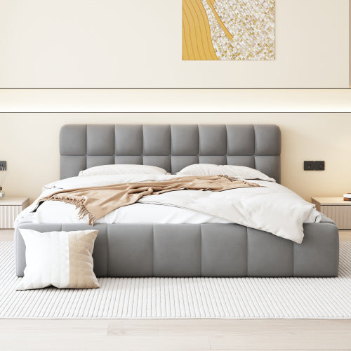 A double bed with a backrest made of soft linen