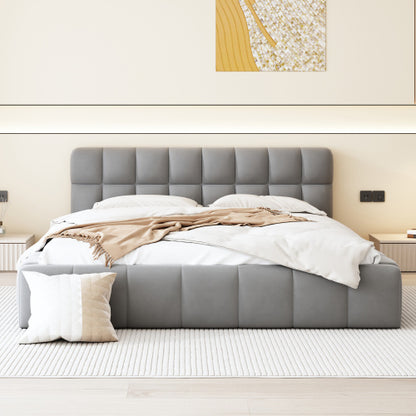 A double bed with a backrest made of soft linen